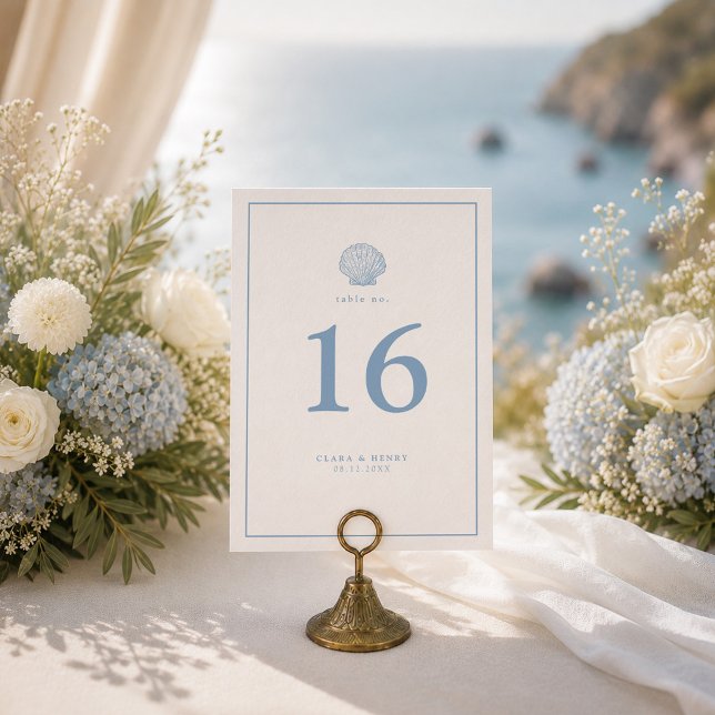 Convite Número de Mesa de Casamento Minimalista com Concha (Criador carregado)