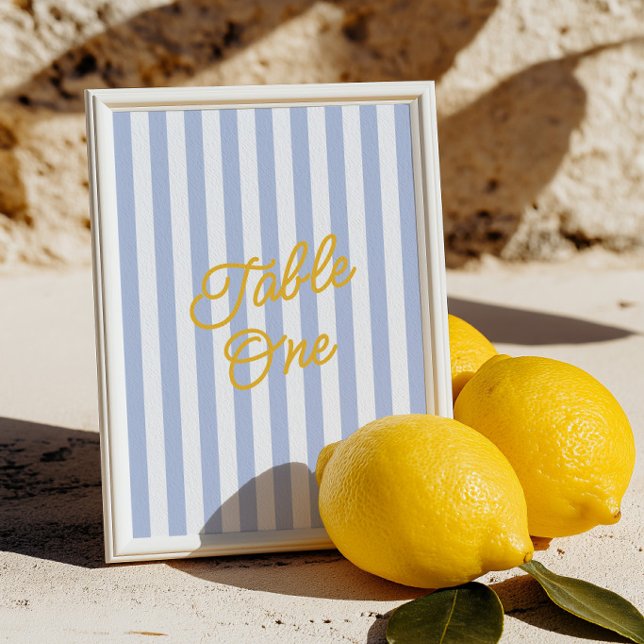 Convite Número de Mesa de Casamento Moderno com Listras Am (Modern Yellow & Blue Striped Wedding Table Number)