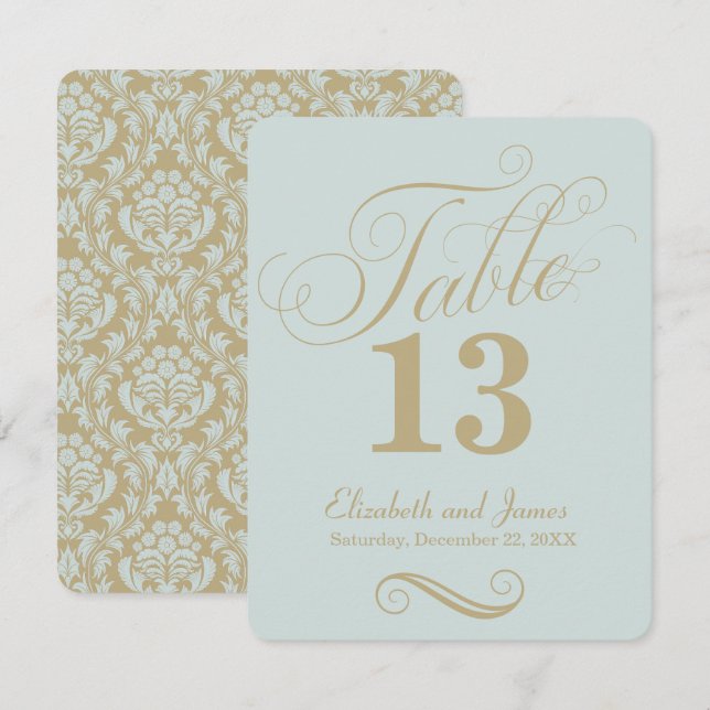 Convite Número de Mesa de Casamento Moderno em Azul e Dour (Frente/Verso)