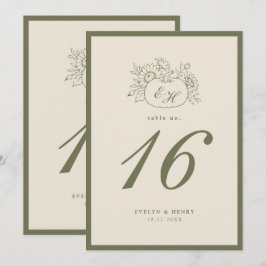 Convite Número de Mesa de Casamento Monograma Oliva Creme