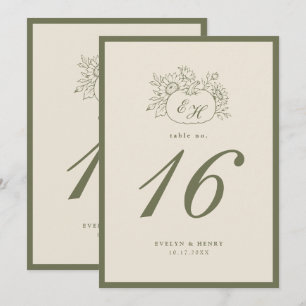 Convite Número de Mesa de Casamento Monograma Oliva Creme