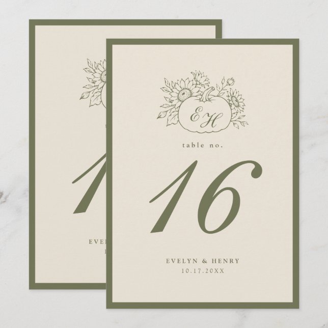 Convite Número de Mesa de Casamento Monograma Oliva Creme (Frente/Verso)