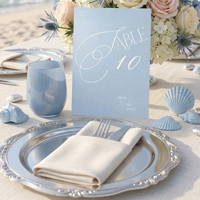 Convite Número de Mesa de Casamento Romântico Azul Empoeir (Criador carregado)