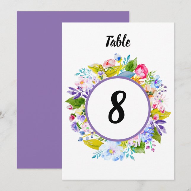 Convite Número de Mesa de Casamento Romântico Floral Roxo (Frente/Verso)