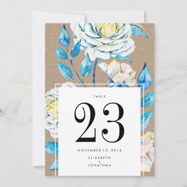 Convite Número de Mesa de Casamento Rosa Kraft Azul Branco (Frente)