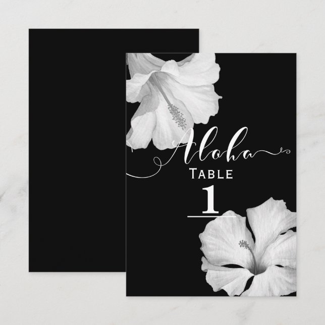 Convite Número de Mesa de Casamento Tropical Preto Hibisco (Frente/Verso)