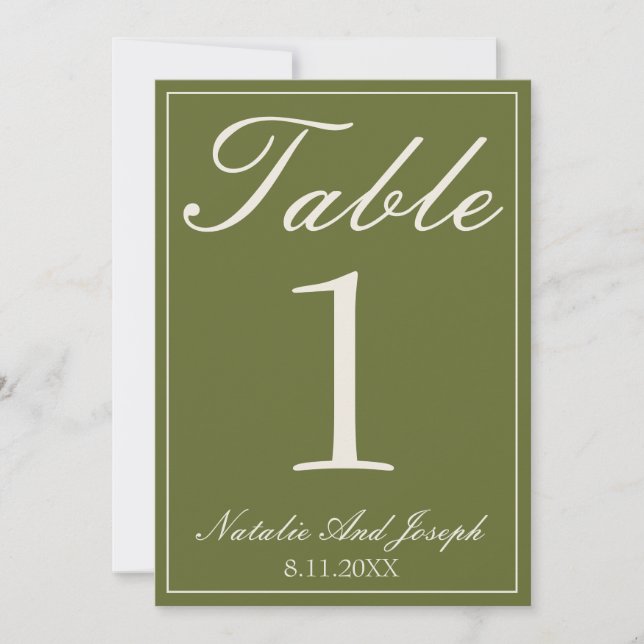 Convite Número de Mesa de Casamento Verde Oliva Chocolate  (Frente)
