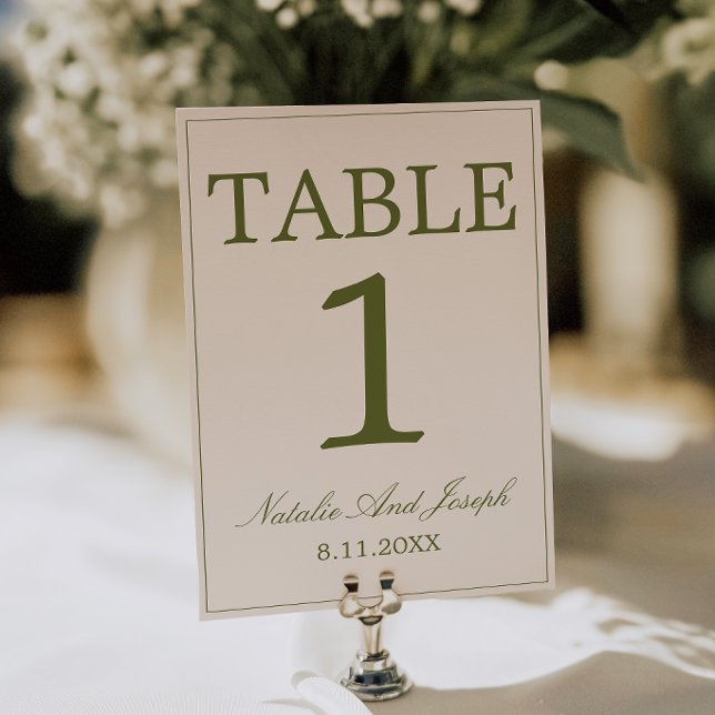 Convite Número de Mesa de Casamento Verde Oliva Creme Old  (Criador carregado)