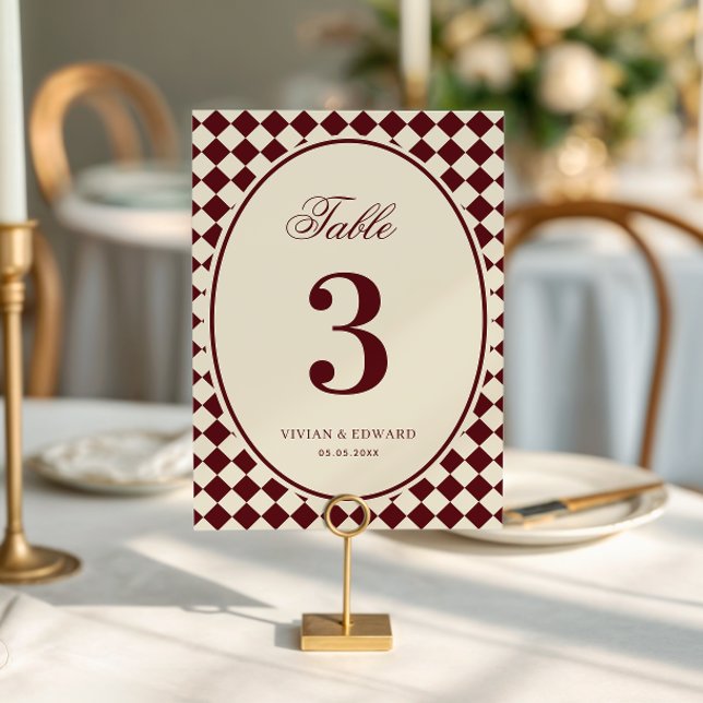 Convite Número de Mesa de Casamento Xadrez Marfim e Borgon (Criador carregado)