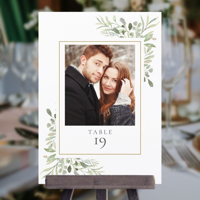 Convite Número de Mesa de Foto de Folhagem Elegante (Elegant Greenery Photo Table Number)