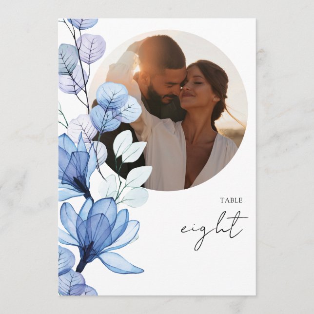 Convite Número de Mesa de Foto Floral Azul Poeira Transpar (Frente)