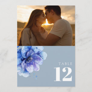 Convite Número de Mesa de Foto Floral de Aquarela Azul Emp