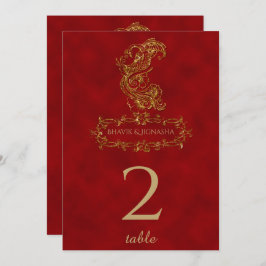 Convite Número de Mesa do Pavão Indiano Vermelho e Dourado