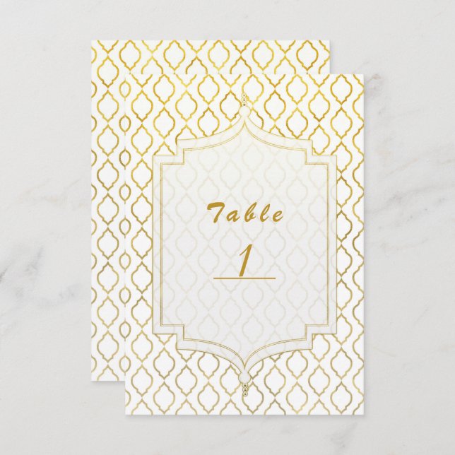 Convite Número de Mesa Dourado e Branco Glam Marroquino Ár (Frente/Verso)