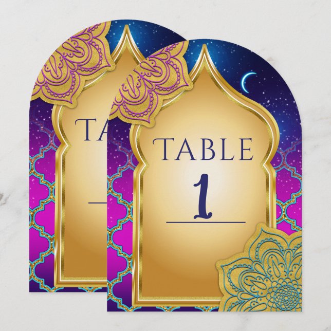 Convite Número de Mesa Dourado Glamouroso Noites Árabes da (Frente/Verso)