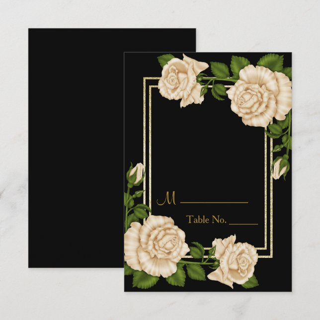 Convite Número de Mesa Elegante Chic Canto Rosas Marfim (Frente/Verso)