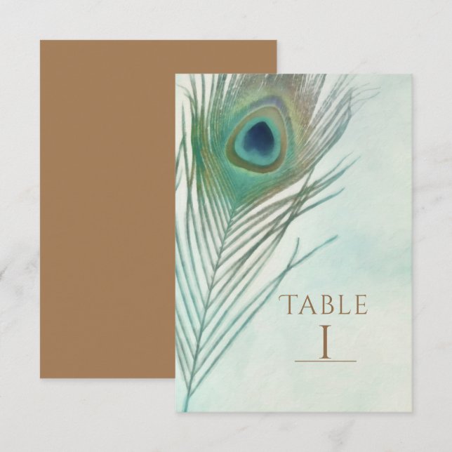 Convite Número de Mesa em Aquarela Boho Chic Pena de Pavão (Frente/Verso)