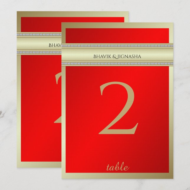 Convite Número de Mesa em Damasco Indiano Vermelho e Doura (Frente/Verso)