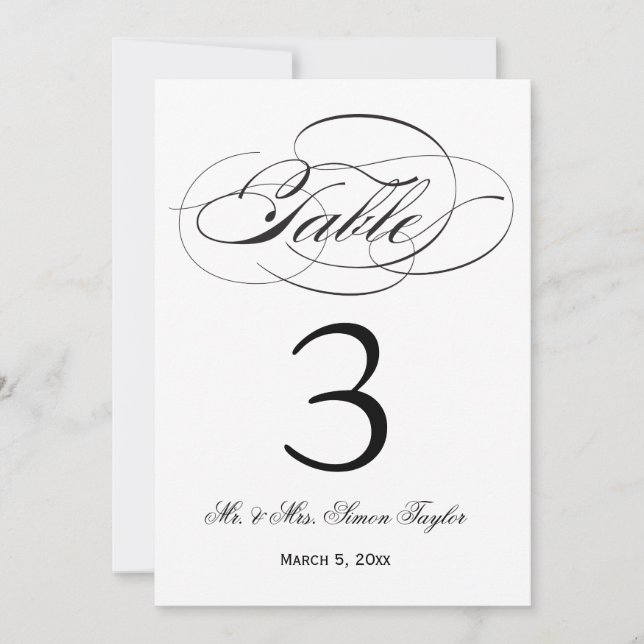 Convite Número de Mesa em Elegant Script - Preto (Frente)