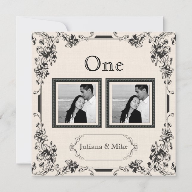Convite Número de Mesa em Foto Preto e Marfim Antigo (Frente)