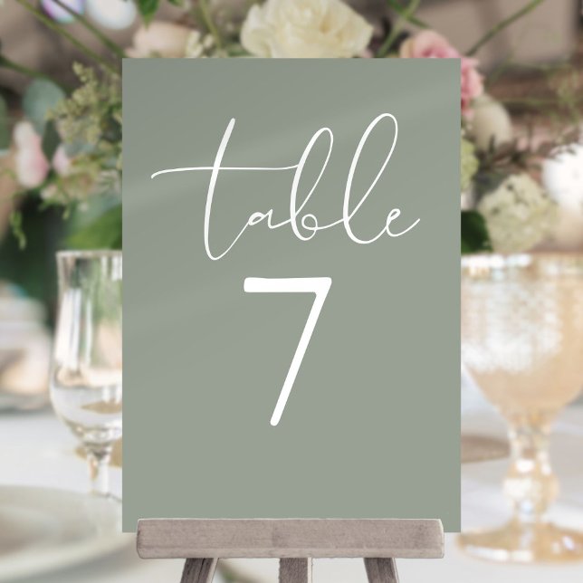Convite Número de Mesa em Script Moderno Elegante Verde Sá (Sage Green Elegant Modern Script Table Number)