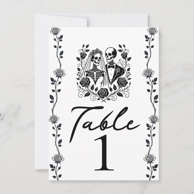Convite Número de Mesa Esqueleto Preto Branco Floral Rosa  (Frente)