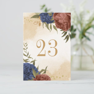 Convite número de mesa floral azul terracota