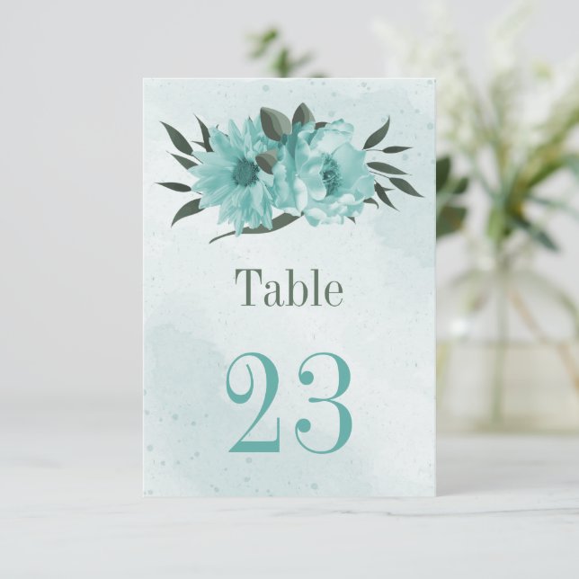 Convite número de mesa floral azul verde botânica (Em pé/Frente)