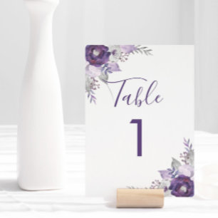 Convite Número de Mesa Floral com Aquarela Roxa e Prata
