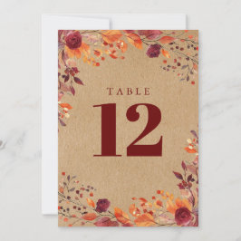 Convite Número de Mesa Floral de Aquarela de Outono Rústic
