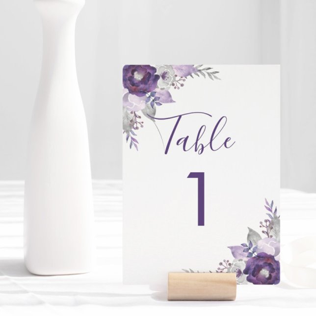 Convite Número de Mesa Floral em Aquarela Roxa e Prata (Purple and Silver Watercolor Floral Table Number)