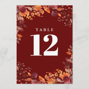 Convite Número de Mesa Floral Outono Burgundy Rústico