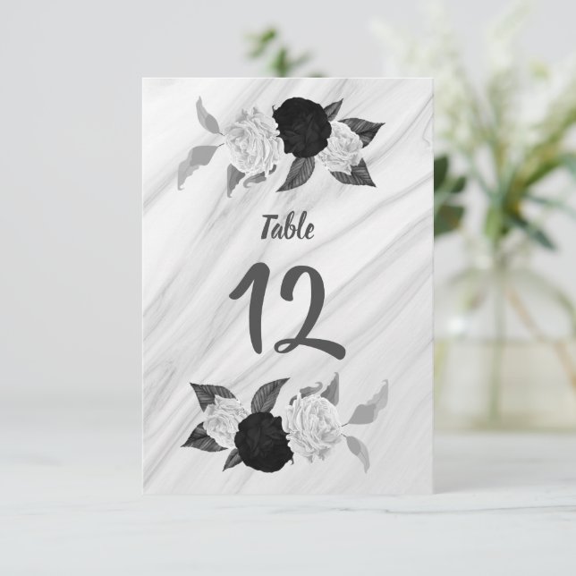 Convite Número de mesa floral preto e branco romântico (Em pé/Frente)