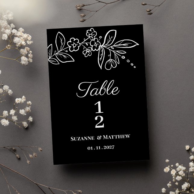 Convite Número de Mesa Floral Preto e Branco Simples e Ele (Simple elegant black white floral Table Numbers)