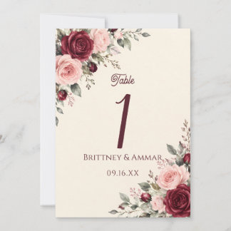 Convite Número de Mesa Floral Rosa Borgonha & Blush Casame