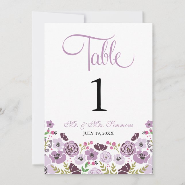 Convite Número de Mesa Floral | Roxo (Frente)