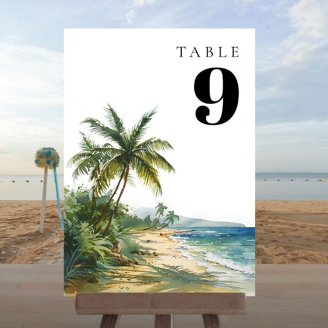 Convite Número de Mesa Moderno de Praia Tropical em Aquare (Modern Watercolor Tropical Beach Table Number)