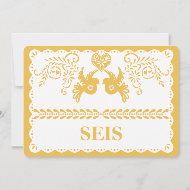 Convite Número de Mesa Seis Six Papel Picado Dourado Fiest (Verso)