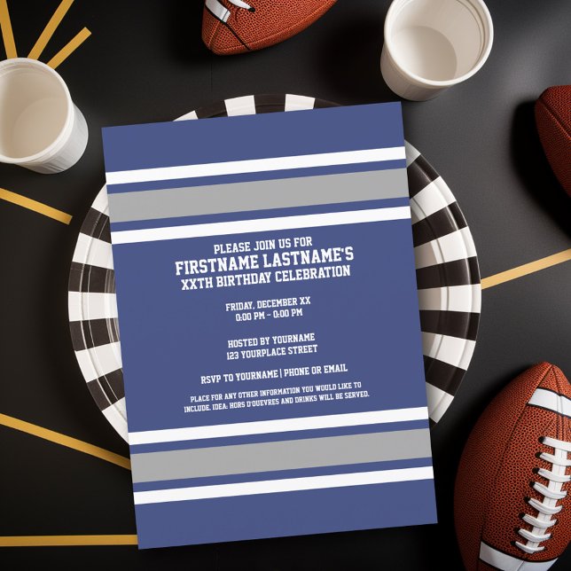 Convite Número de Nome Personalizado de Jersey Blue and Si (Birthday Party Invitation - Sports Theme - Football Party Invitation)