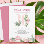 Convite Número de Proteína Tropical Rosa do aniversário de<br><div class="desc">convite de festas aniversário de 30 anos com número 30 decorado com palmeiras tropicais, flores de proteína rosa e um coco. Design elegante e feminina com arranjos florais de cor d'água em tons de rosa e verde. Perfeito para comemoração de aniversário de 30 anos, festa de luau ou festa de...</div>