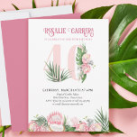 Convite Número de Proteína Tropical Rosa do aniversário de<br><div class="desc">convite de festas com número 40 decorado com palmeiras tropicais,  flores cor-de-rosa de proteína e um coco. Design elegante e feminina com arranjos florais de cor d'água em tons de rosa e verde. Perfeito para comemoração de aniversário de 40 anos,  festa de luau ou festa de chá de jardim.</div>