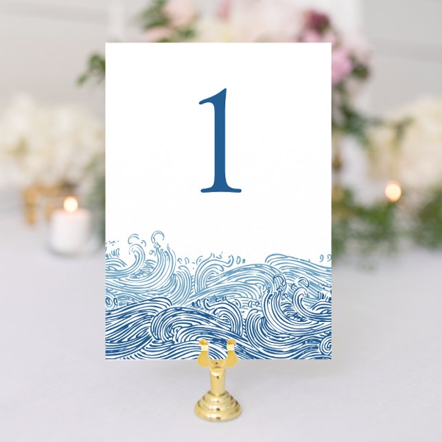 Convite Número de Tabela de Casamento de Ondas do Oceano N (Blue Nautical Ocean Waves wedding table numbers from Concertina Press)