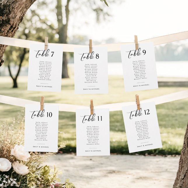 Convite Número de Tabela de Casamento de Script Elegante c (White customizable wedding table number with black text listing guest names  pegged to string line)