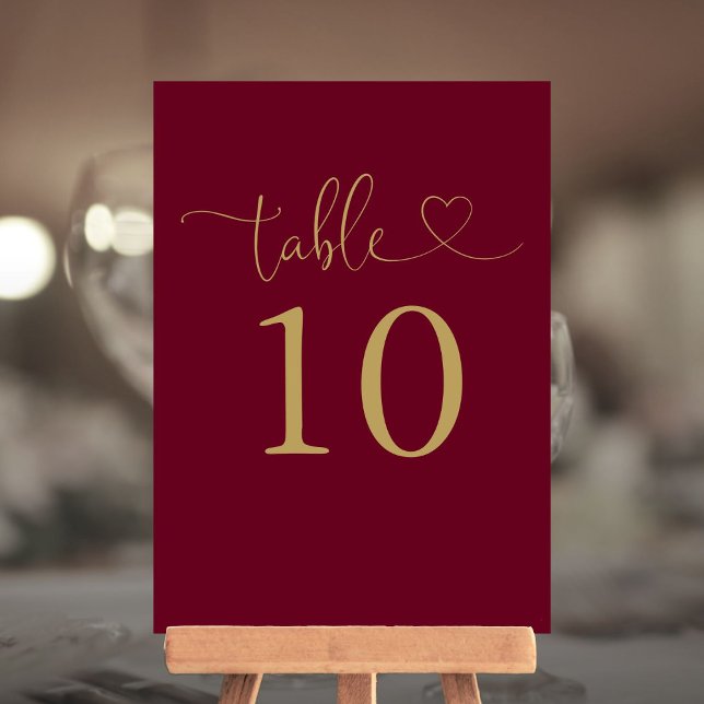 Convite Número De Tabela De Script De Coração Dourado E Bo (Burgundy And Gold Heart Script Table Number)