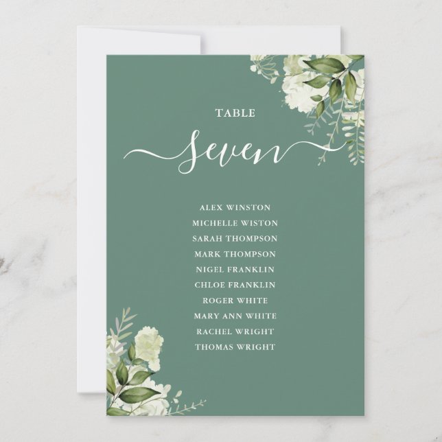 Convite Número de Tabela do Plano Floral Verde Eucalyptus (Frente)