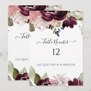 Convite Número de Tabela Elegante Floral de Blush Vermelho