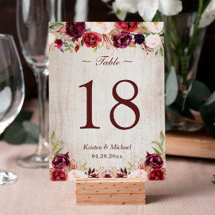 Convite Número de Tabela Floral Russo Woodgrain Burgundy