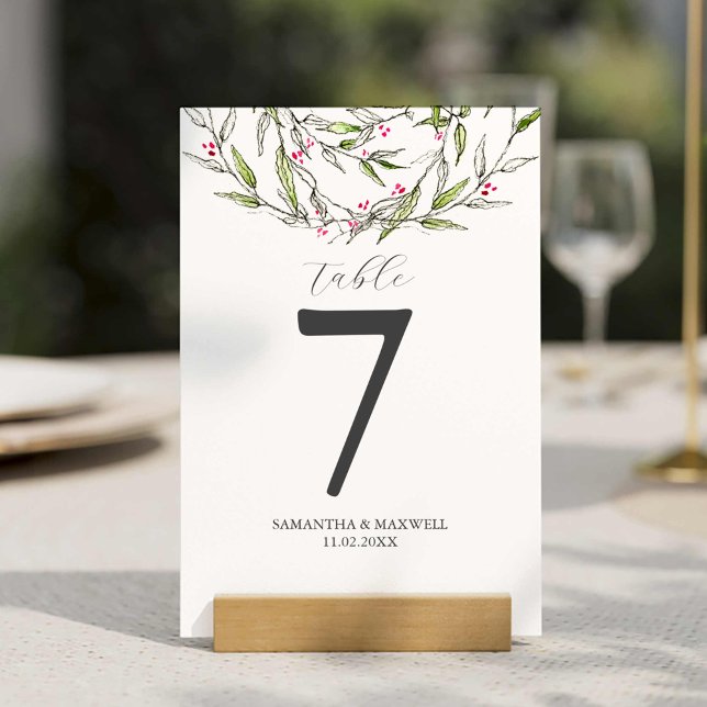 Convite Número de Tabela Imprimível Botânicos de Natal (Table number template features unique watercolor and line art botanicals by Victoria Grigaliunas)