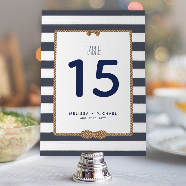 Convite Número de Tabela Náutica do Nó Azul e Branco do ma (Modern Navy and White Striped Nautical Wedding or Event Table Numbers (Available for Download))
