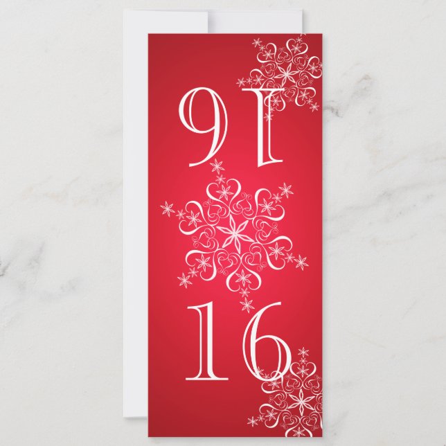 Convite Número de Tabela Vermelho 2 com Flocos de Neve Ele (Frente)